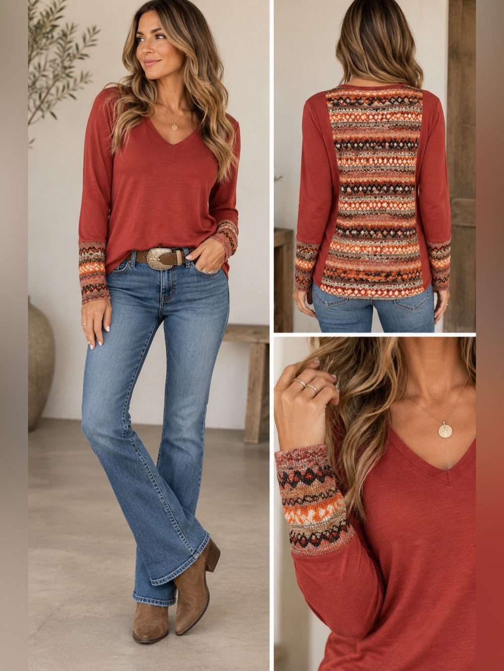 BKE Rust V-Neck Long Sleeve Top with Patterned Back and Cuff Accents